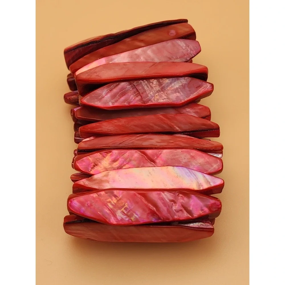 Vtg Gorgeous Red Pink Natural Abolone Shell Wide Stretchy Bracelet FREE $HIPPING